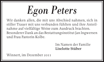 Traueranzeige von Egon Peters von Husumer Nachrichten