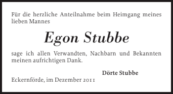 Traueranzeige von Egon Stubbe von Eckernförder Zeitung