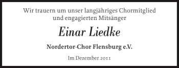 Traueranzeige von Einar Liedke von Flensburger Tageblatt