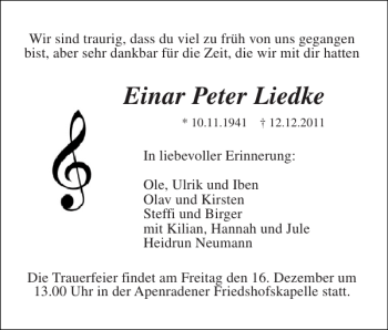Traueranzeige von Einar Peter Liedke von Flensburger Tageblatt