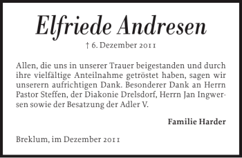 Traueranzeige von Elfriede Andresen von Husumer Nachrichten