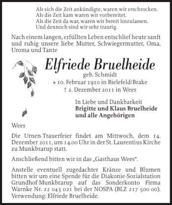 Traueranzeige von Elfriede Bruelheide von Flensburger Tageblatt