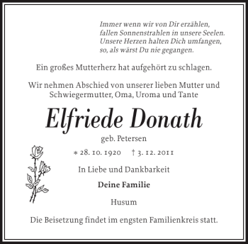 Traueranzeige von Elfriede Donath von Husumer Nachrichten