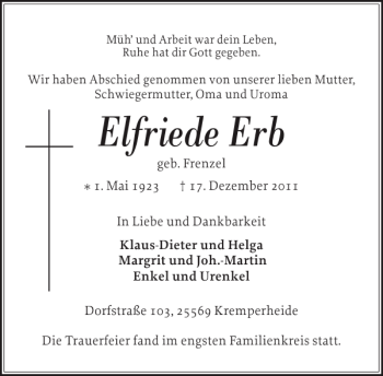 Traueranzeige von Elfriede Erb von Norddeutsche Rundschau