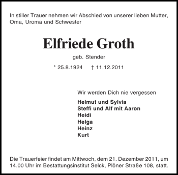 Traueranzeige von Elfriede Groth von Holsteinischer Courier