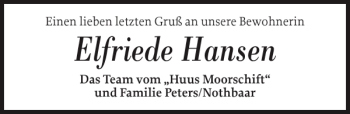 Traueranzeige von Elfriede Hansen von Husumer Nachrichten
