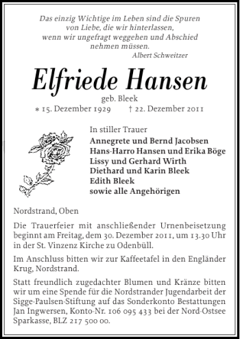 Traueranzeige von Elfriede Hansen von Husumer Nachrichten