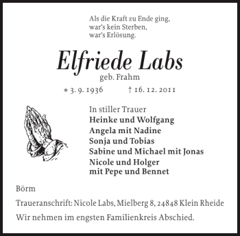 Traueranzeige von Elfriede Labs von Landeszeitung