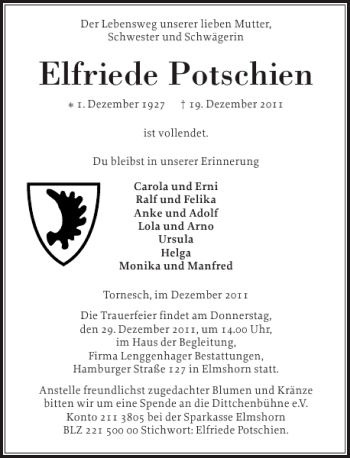 Traueranzeige von Elfriede Potschien von Elmshorner Nachrichten