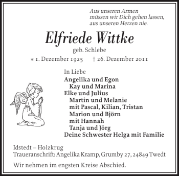 Traueranzeige von Elfriede Wittke von Schleswiger Nachrichten