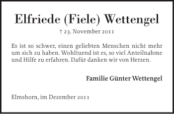 Traueranzeige von Elfriede Fiele Wettengel von Elmshorner Nachrichten