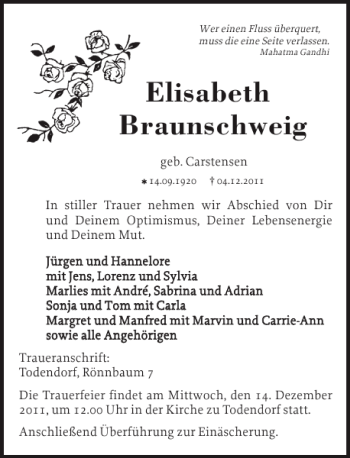 Traueranzeige von Elisabeth Braunschweig von Stormarner Tageblatt