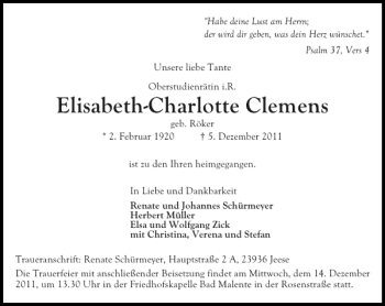 Traueranzeige von Elisabeth-Charlotte Clemens von Ostholsteiner Anzeiger