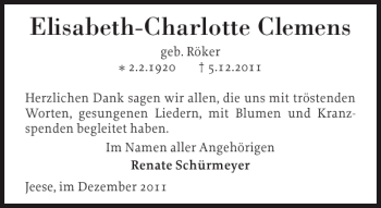 Traueranzeige von Elisabeth-Charlotte Clemens von Ostholsteiner Anzeiger