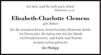 Traueranzeige von Elisabeth-Charlotte Clemens von Ostholsteiner Anzeiger