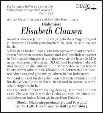 Traueranzeige von Elisabeth Clausen von Flensburger Tageblatt