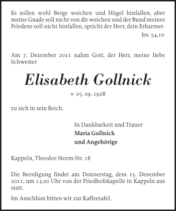 Traueranzeige von Elisabeth Gollnick von Schlei-Bote