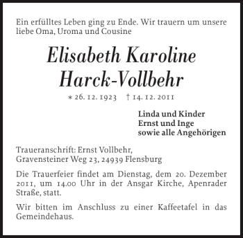 Traueranzeige von Elisabeth KarolineHarck-Vollbehr von Flensburger Tageblatt