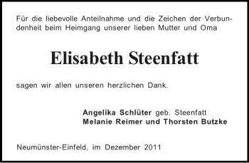 Traueranzeige von Elisabeth Steenfatt von Holsteinischer Courier