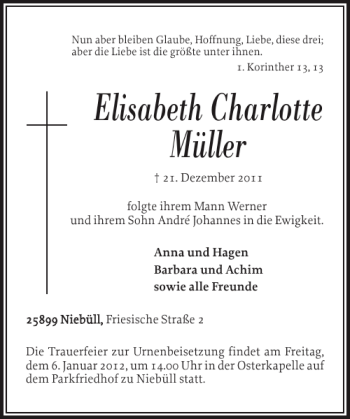 Traueranzeige von Elisabeth Charlotte Müller von Nordfriesland Tageblatt