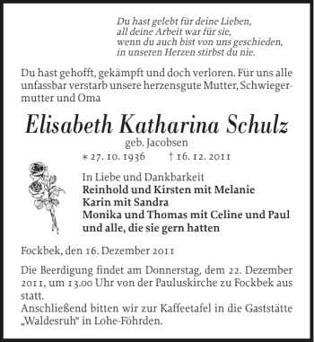 Traueranzeige von Elisabeth Katharina Schulz von Landeszeitung