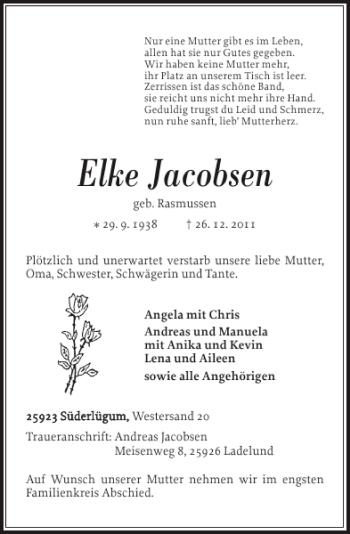 Traueranzeige von Elke Jacobsen von Nordfriesland Tageblatt