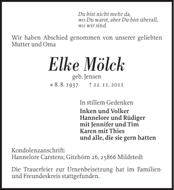 Traueranzeige von Elke Mölck von Husumer Nachrichten