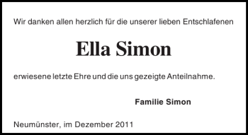 Traueranzeige von Ella Simon von Holsteinischer Courier