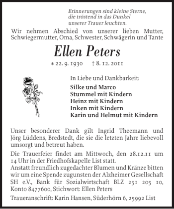 Traueranzeige von Ellen Peters von Sylter Rundschau