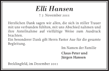 Traueranzeige von Elli Hansen von Schleswiger Nachrichten