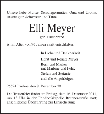 Traueranzeige von Elli Meyer von Norddeutsche Rundschau