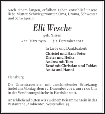 Traueranzeige von Elli Wesche von Flensburger Tageblatt