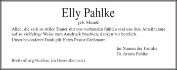 Traueranzeige von Elly Pahlke von Norddeutsche Rundschau