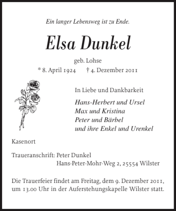 Traueranzeige von Elsa  von Norddeutsche Rundschau