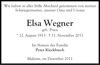 Traueranzeige von Elsa Wegner von Ostholsteiner Anzeiger