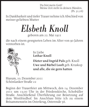 Traueranzeige von Elsbeth Knoll von Husumer Nachrichten
