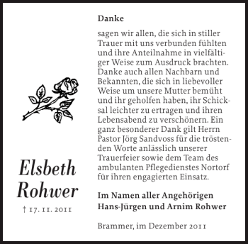 Traueranzeige von Elsbeth Rohwer von Landeszeitung