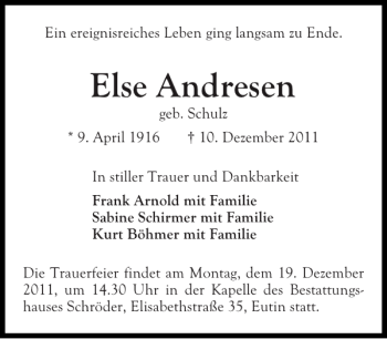Traueranzeige von Else Andresen von Ostholsteiner Anzeiger