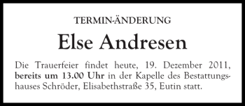 Traueranzeige von Else Andresen von Ostholsteiner Anzeiger