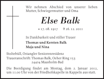 Traueranzeige von Else Balk von Schlei-Bote