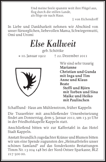 Traueranzeige von Else Kallweit von Flensburger Tageblatt