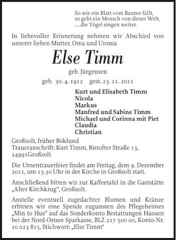Traueranzeige von Else Timm von Flensburger Tageblatt