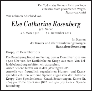 Traueranzeige von Else Catharine Rosenberg von Landeszeitung