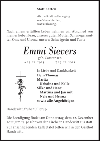 Traueranzeige von Emmi Sievers von Flensburger Tageblatt