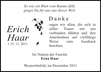 Traueranzeige von Erich Haar von Landeszeitung