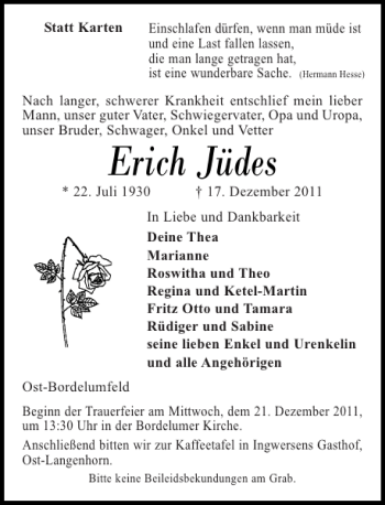Traueranzeige von Erich Jüdes von Husumer Nachrichten