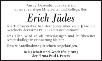 Traueranzeige von Erich Jüdes von Husumer Nachrichten