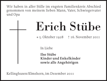Traueranzeige von Erich Stübe von Elmshorner Nachrichten