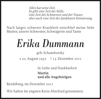 Traueranzeige von Erika Dummann von Landeszeitung