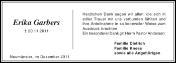 Traueranzeige von Erika Garbers von Holsteinischer Courier